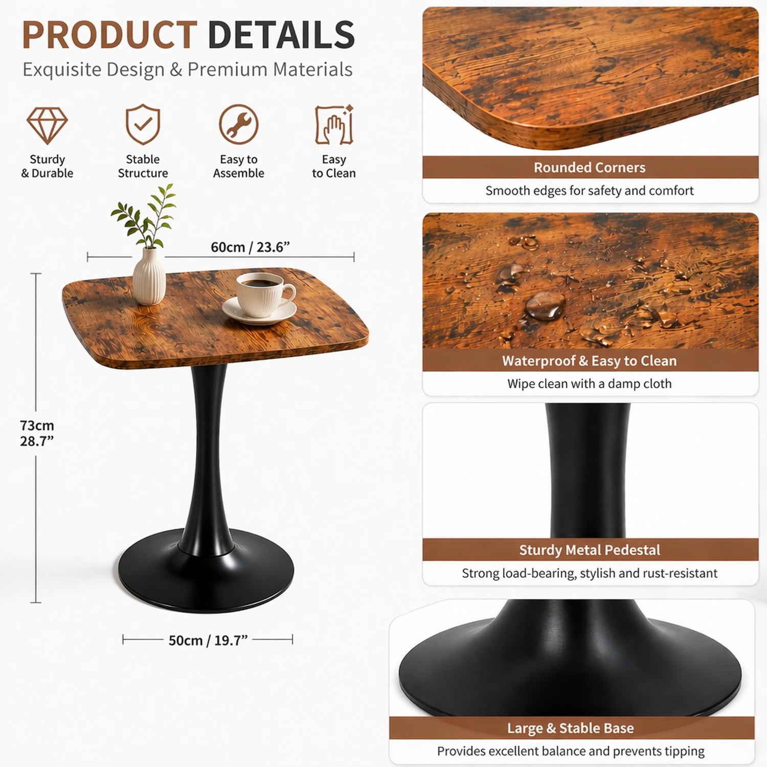 Square Dining Table, 24" Square Tulip Table with MDF Tabletop & Matte Black Metal Pedestal Base,Mid Century Modern Bistro Table for Kitchen, Small Places, Living Room, Cafe