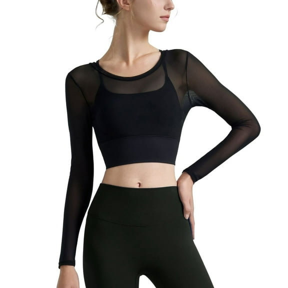 SWSMCLT Women's Long Sleeve Top Mesh Yoga Shirt Soft Fashion Cut Out Fitted Pull On Cami Crop Yoga Sheer Backless Black Small