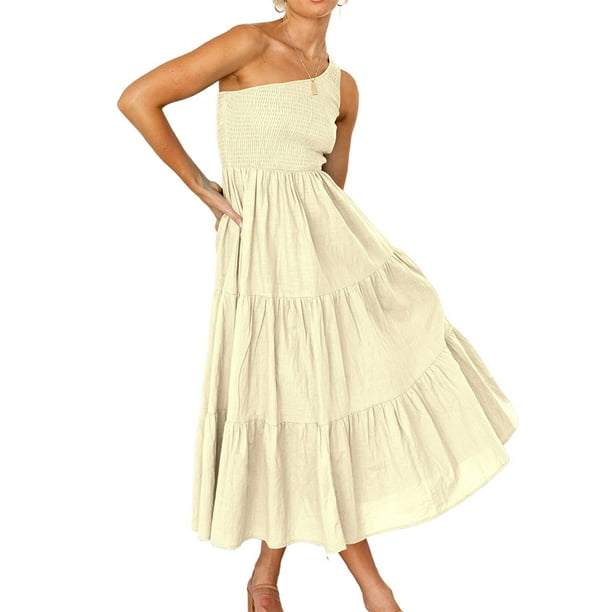 Minnieouse Vestido largo de mujer estético sin mangas plisado un hombro vestido de noche Club playa vacaciones mujer ropa de verano Vestidos Albaricoque M Minnieouse AP011089-18