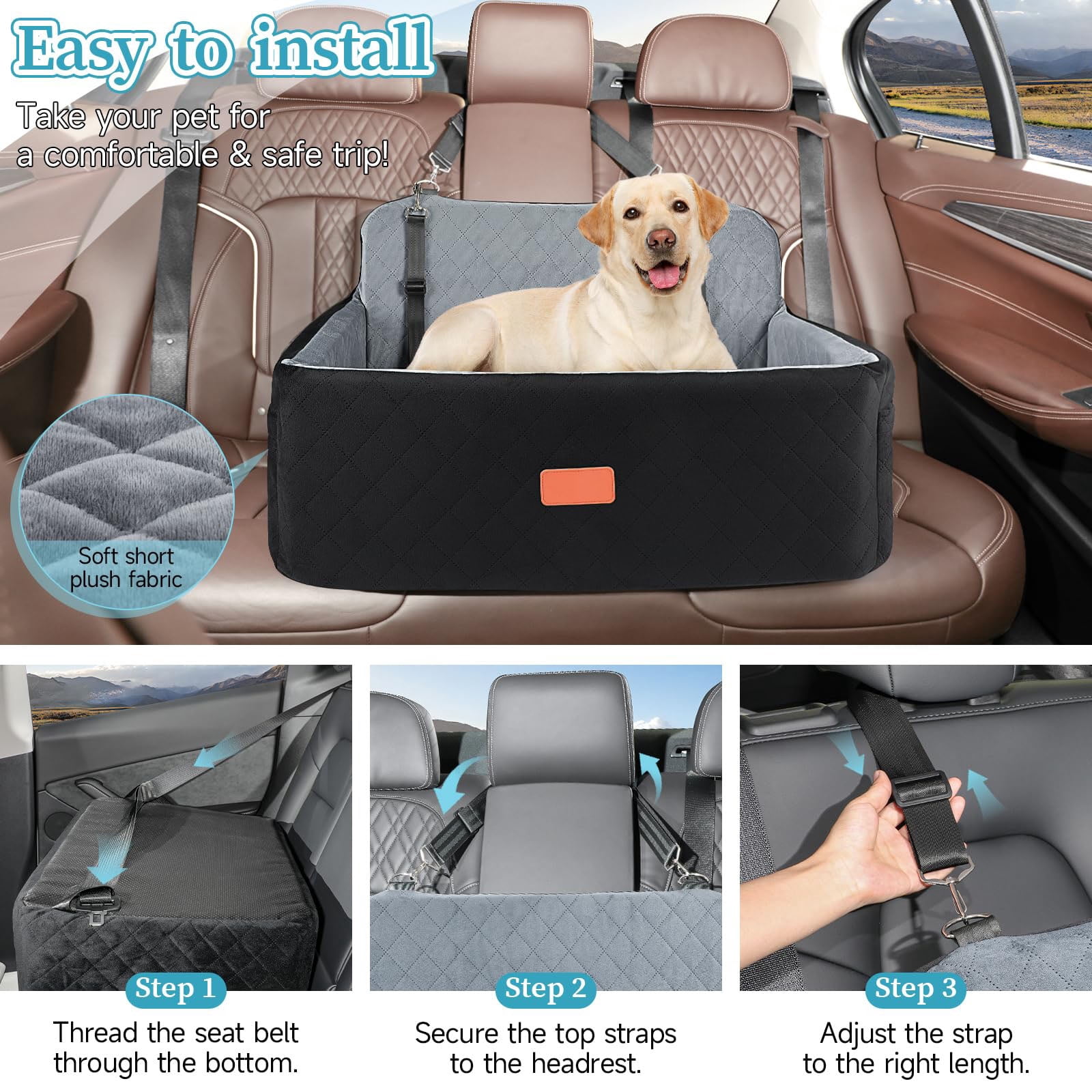 Dog Car Seat for Medium and Large Dogs up to 55 lbs – Washable Pet Car Bed with Safety Leashes, Booster Dog Seat for Car Backseat for 2 Small Dogs or One Large Pet – Dog Bed for Car Travel