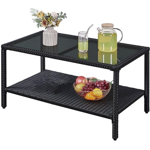 Outdoor Wicker Coffee Table with Tempered Glass Top, All-Weather Rattan Patio Side Table, Storage Shelf for Garden Deck Porch, Black