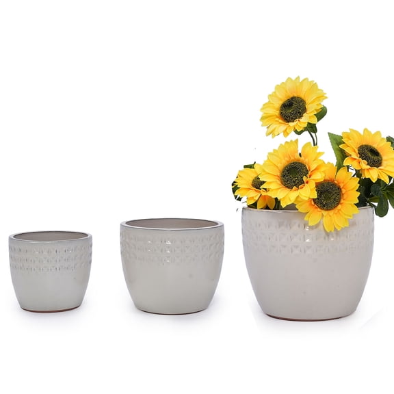S-HOME Set of 3 Antique White Ceramic Planters, 15" 12" 9" Modern Flower Pots for Indoor/Outdoor