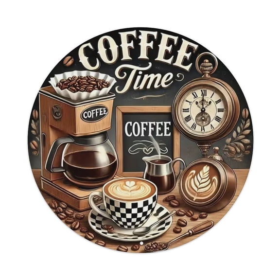Coffee Time Round Tin Sign Vintage Metal Poster Living Room Bar Man Cave Home Wall Art Decor 8x8inch