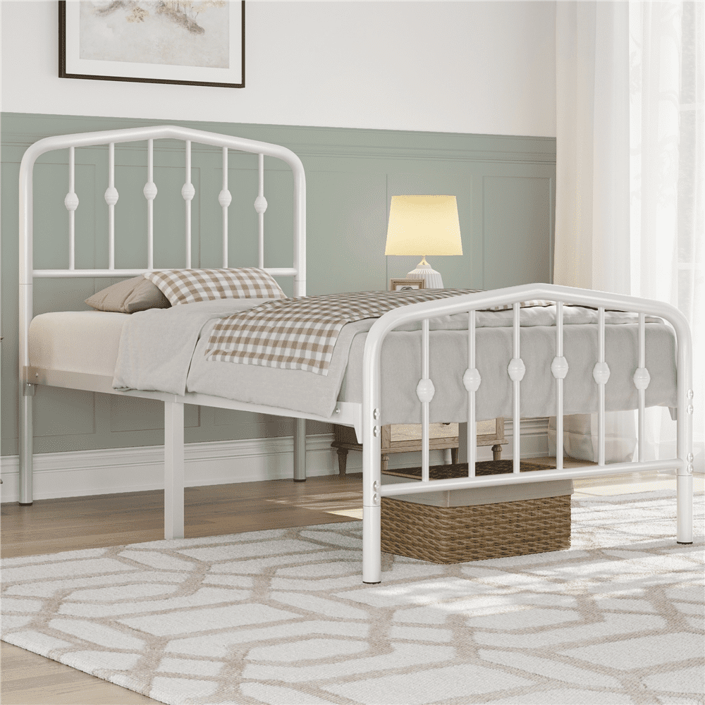 Fullfurnique Metal Bed Frame with Heavy Duty Slat Support and Arched Headboard and Footboard, Twin, White