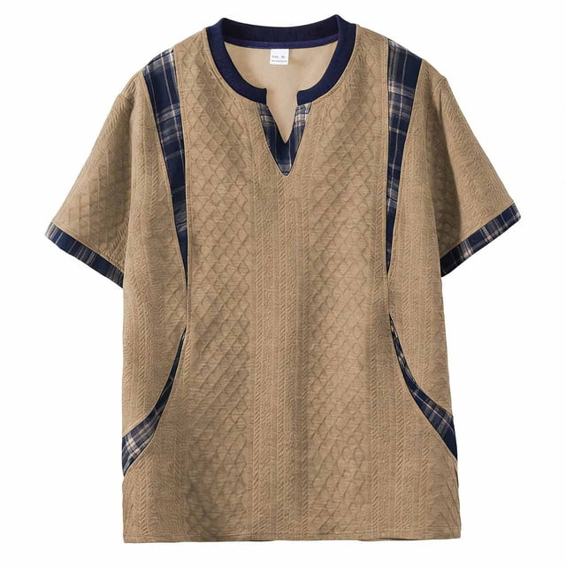 Blusas y camisas de manga corta con cuello en V para hombre, top de verano de manga corta con cuello en V y empalme a cuadros, top/camisa de manga corta con cuello en V para hombre, tops para hombre