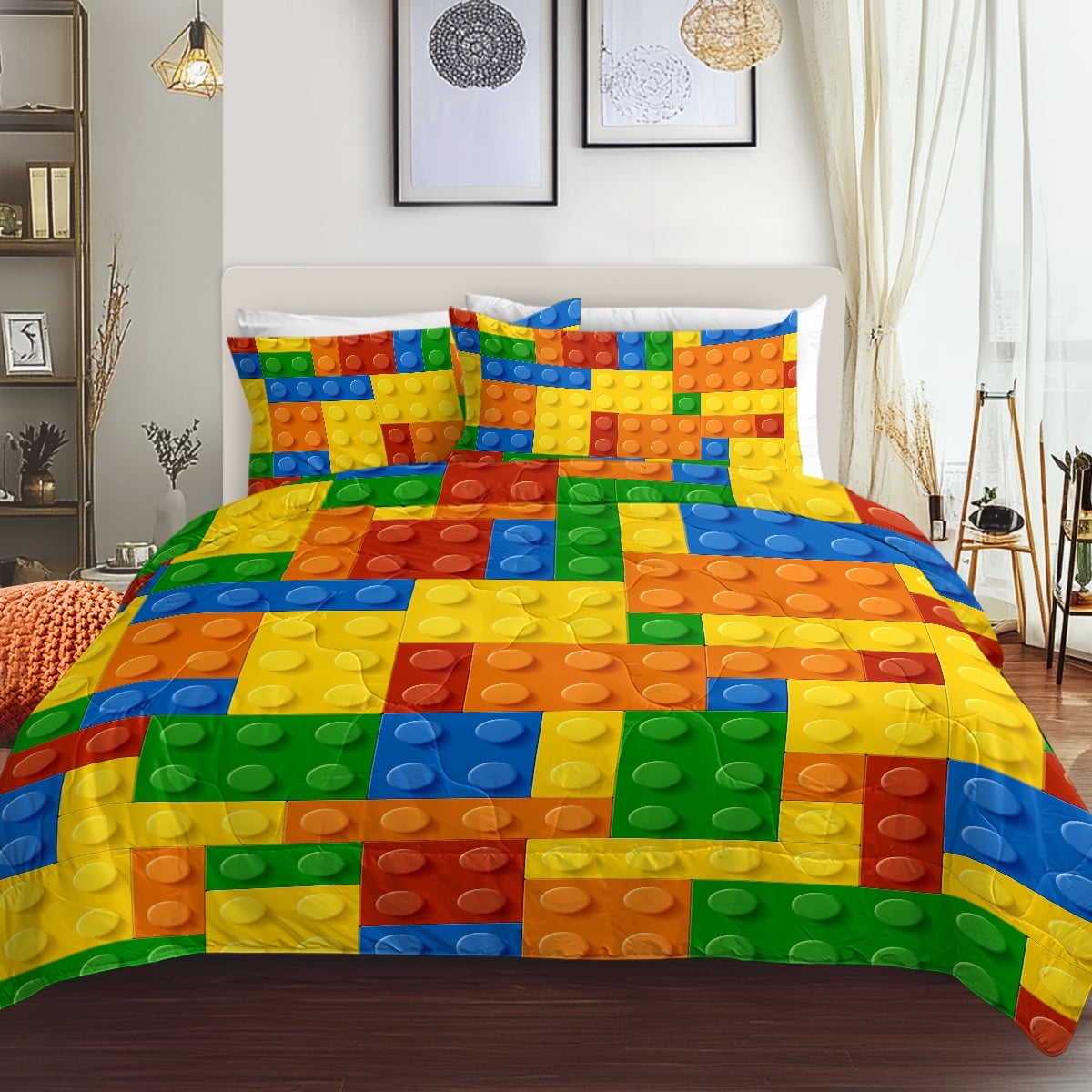 BlessLiving Kids Comforter Set, 3-Piece Colorful Blocks Yellow Cubes Bedding Sets for Boys, Queen Size