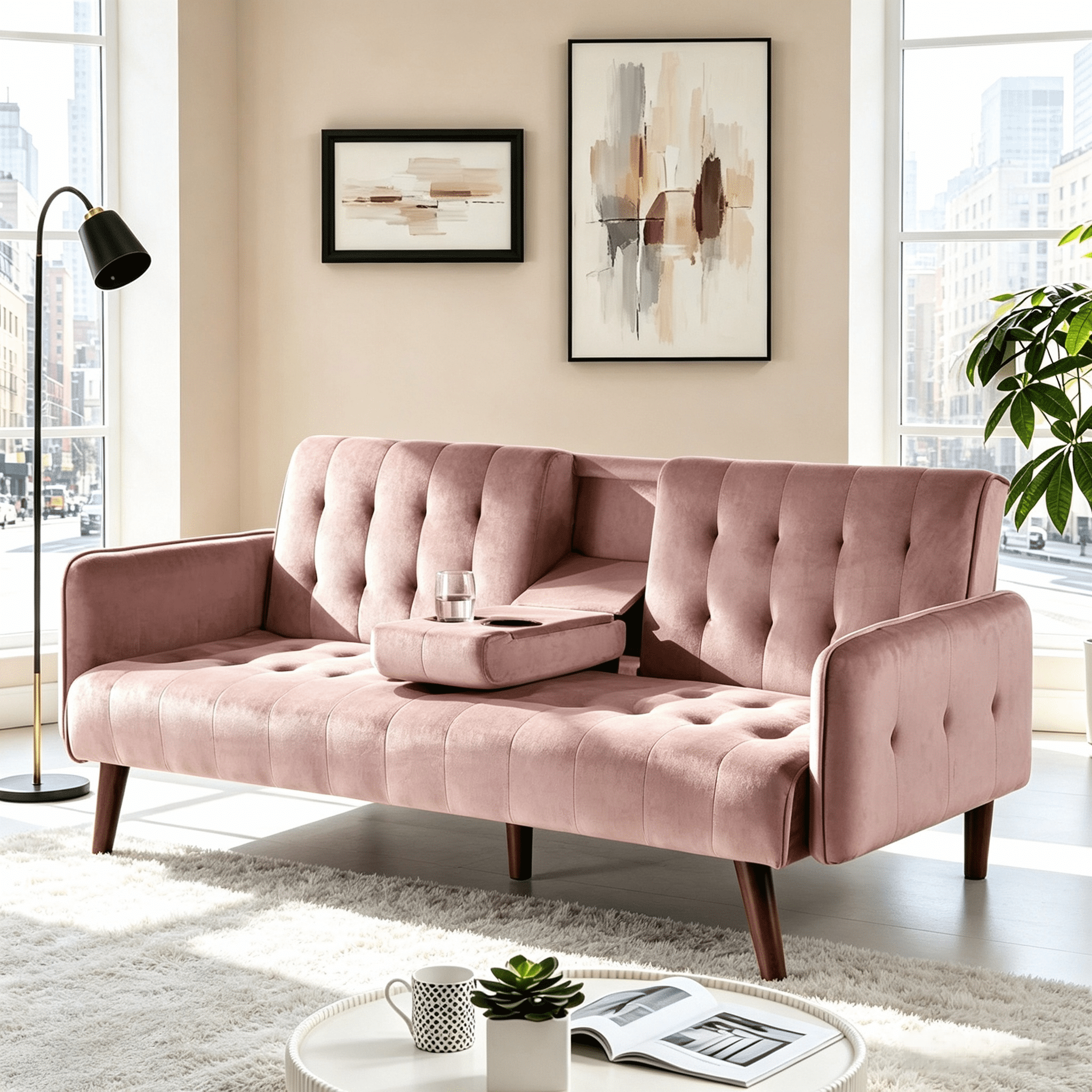 Gewnee 72" Sleeper Sofa Bed, Convertible Linen Futon Couch with Folding Backrest with Cup Holder,Modern Couch for Home and Guest Room，Pink
