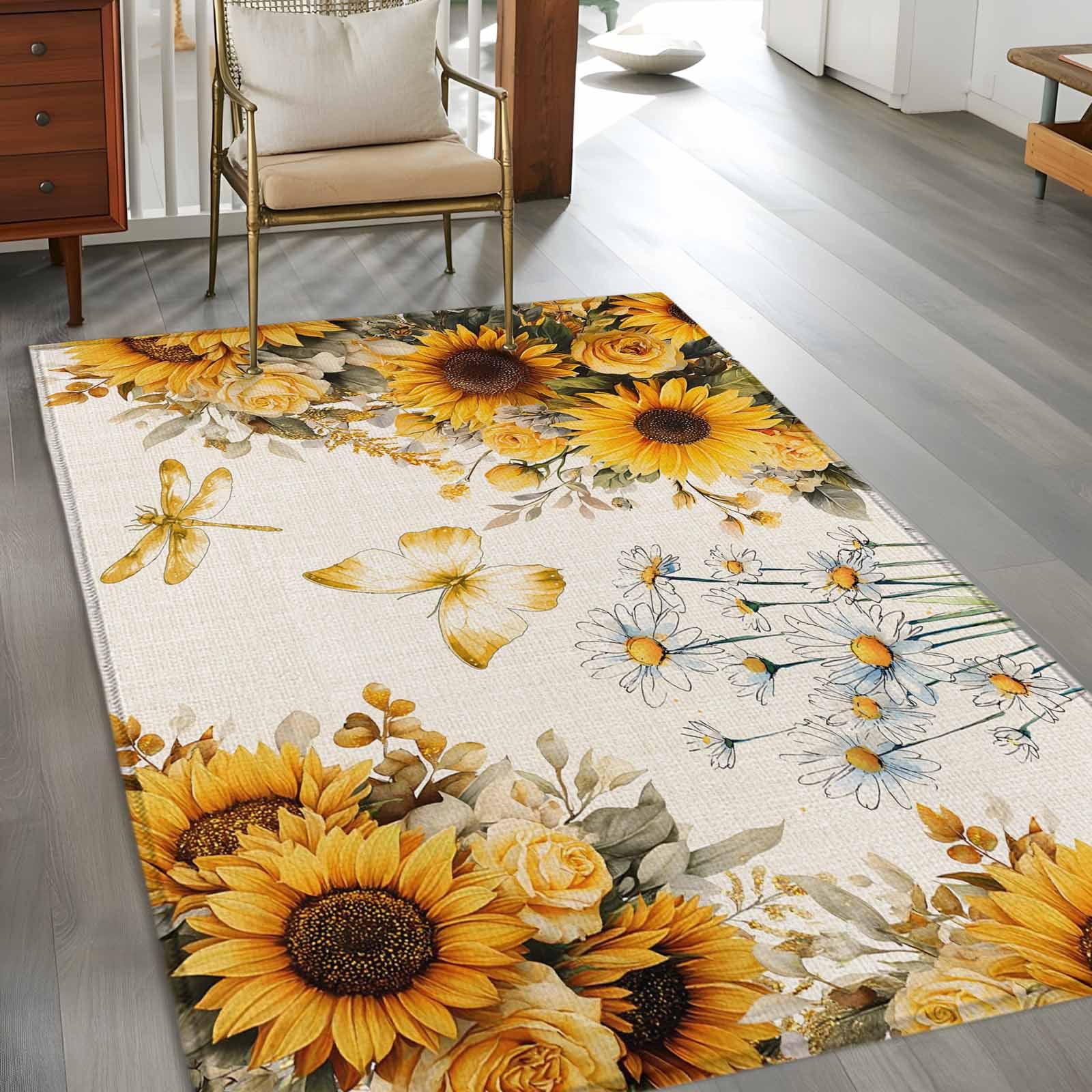 3'x5' Rug for Living Room Bedroom, Farmhouse Sunflower Washable Area Rugs Non-Slip Carpet Mats, Vintage Daisy Butterflies Rustic Burlap Indoor Low Pile Area Rug Runner for Kitchen, Mudroom