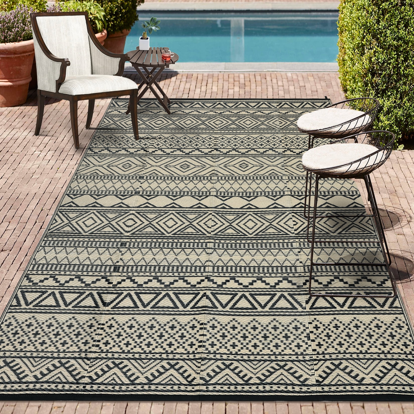 CAROMIO Khaki Black Boho Outdoor Area Rug 5x8 ft Waterproof Reversible Plastic Mat for Camping RV Picnic