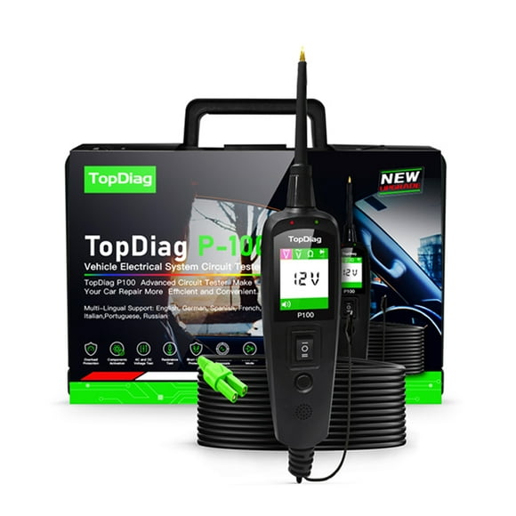 P100 12 V 24V Handheld Portable Electrical Circuit Tester Car Trucks Motorbikes Voltage Resistance Polarity Testing Component Activation Short Cricuit Overload Protections 7 Languages Support with