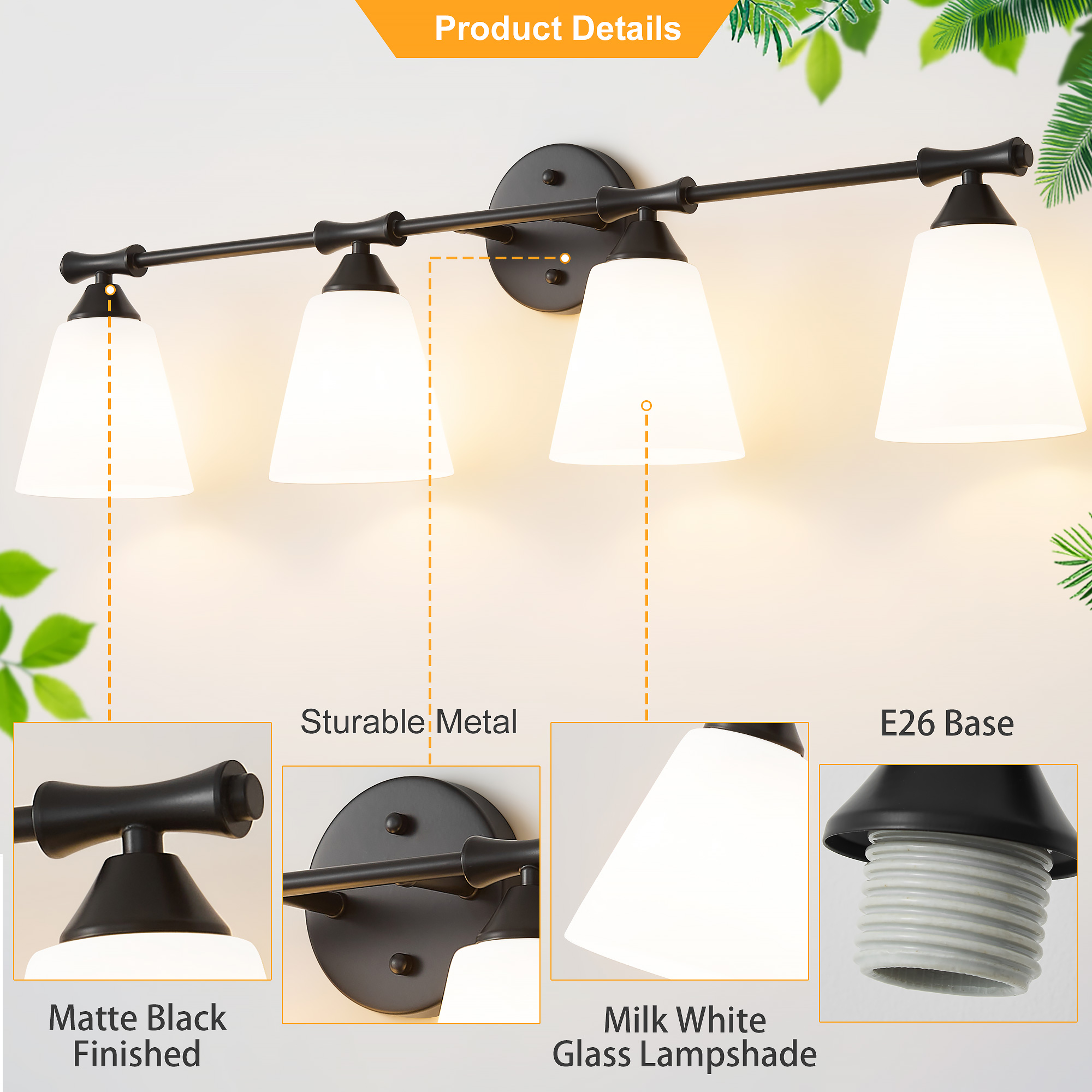 Deyidn Black 4-Light Modern Bathroom Vanity Light - 33.86-Inch Dimmable Bathroom Light Fixture with Milky White Glass Shades for Mirror Lighting