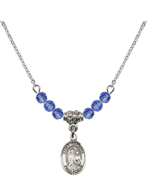 Bonyak Jewelry 18 Inch Rhodium Plated Necklace w/ 4mm Blue September Birth Month Stone Beads and Saint Raphael The Archangel Charm
