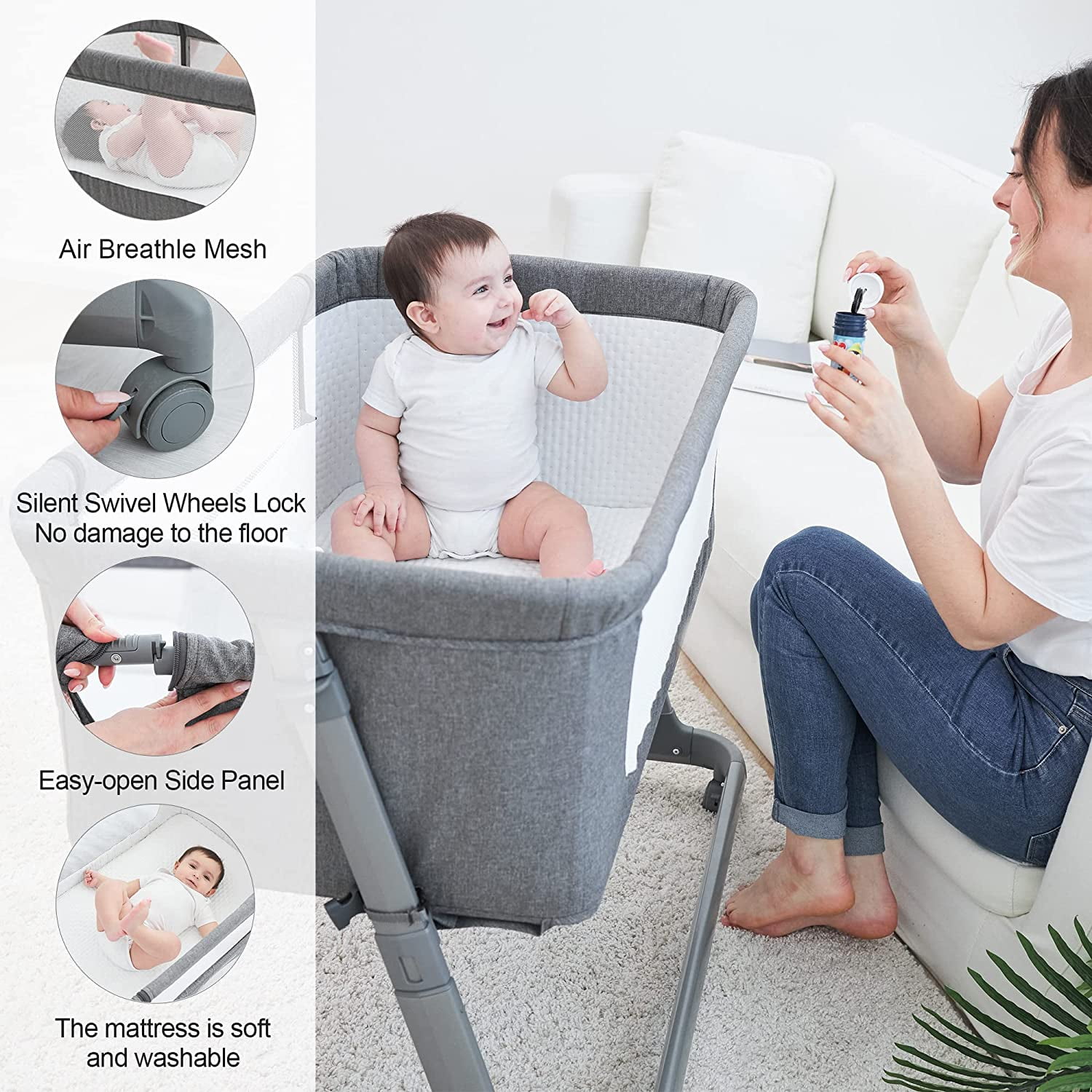 Pamo Babe Unisex Bedside Sleeper Infant Bassinet with Wheels and Floding Frame (Grey) - 2