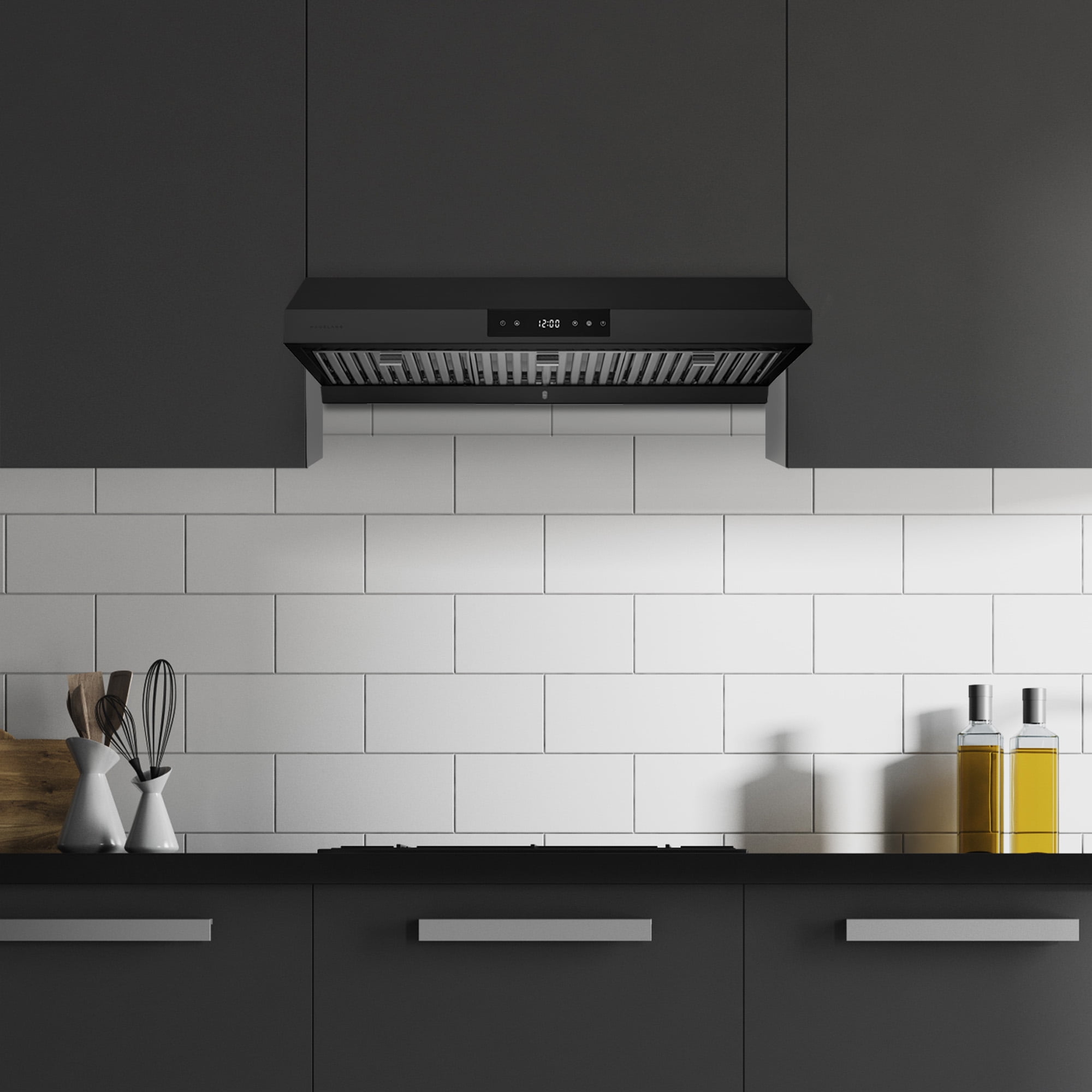Hauslane | Chef Series | PS18 36" Under Cabinet Range Hood, Matte Black Contemporary Modern Design 860 CFM, Touch Screen w/Digital Clock, Dishwasher Safe Baffle Filters, LED Lamps, 3-Way Venting