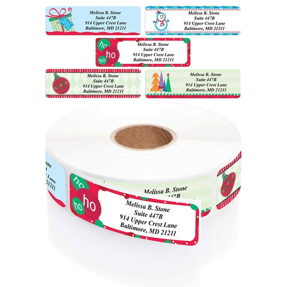 Trendy Christmas Designer Assorted Rolled Address Labels with Elegant Plastic Dispenser (250)