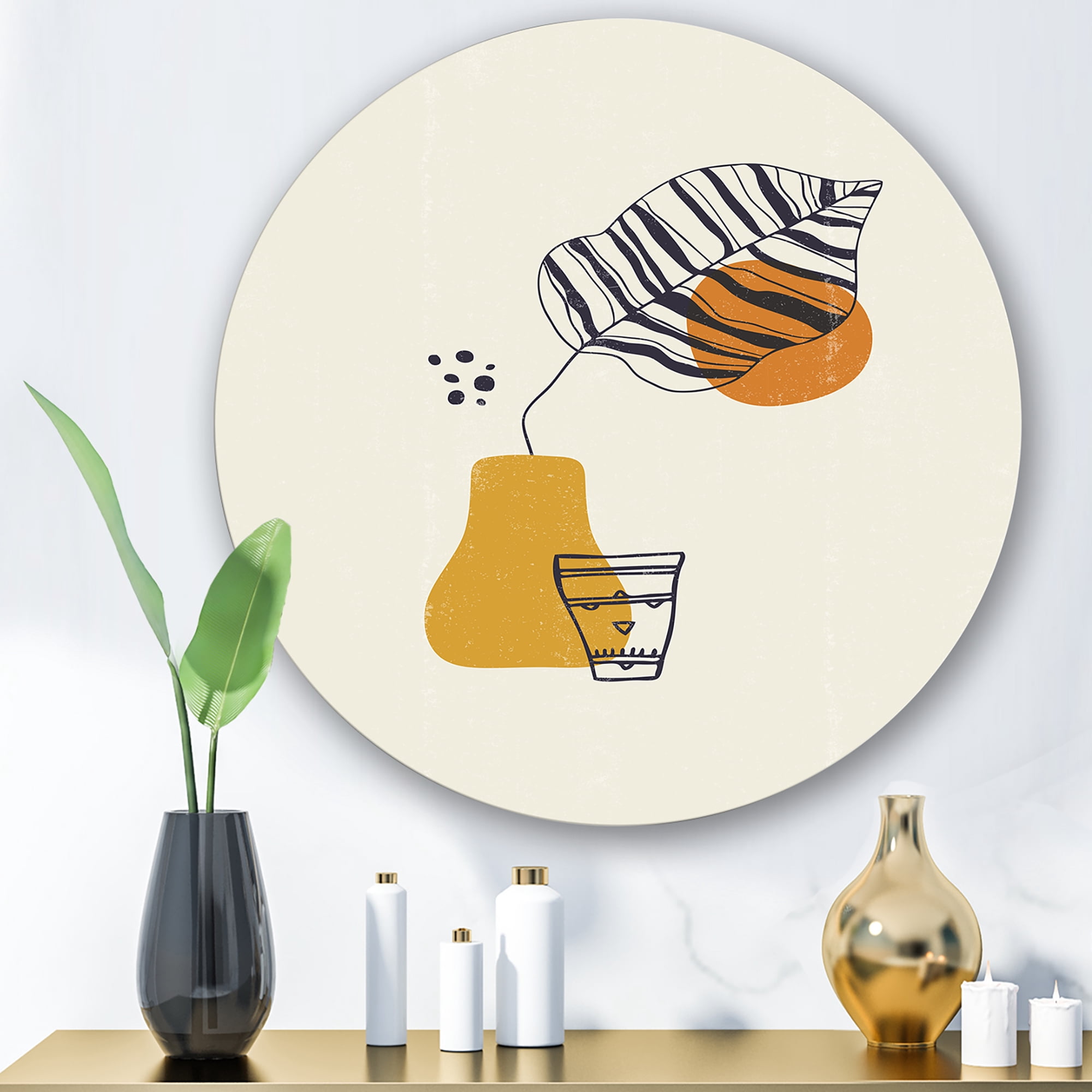 Designart 'Abstract Shapes Botanical Minimalist Leaf' Modern Circle Metal Wall Art 23x23 - Disc of 23