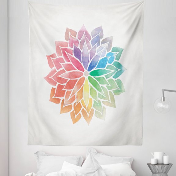 Rainbow Mandala Tapestry, Watercolor Style Flower Design Petals on Off White Background, Fabric Wall Hanging Decor for Bedroom Living Room Dorm, 5 Sizes, Multicolor, by Ambesonne