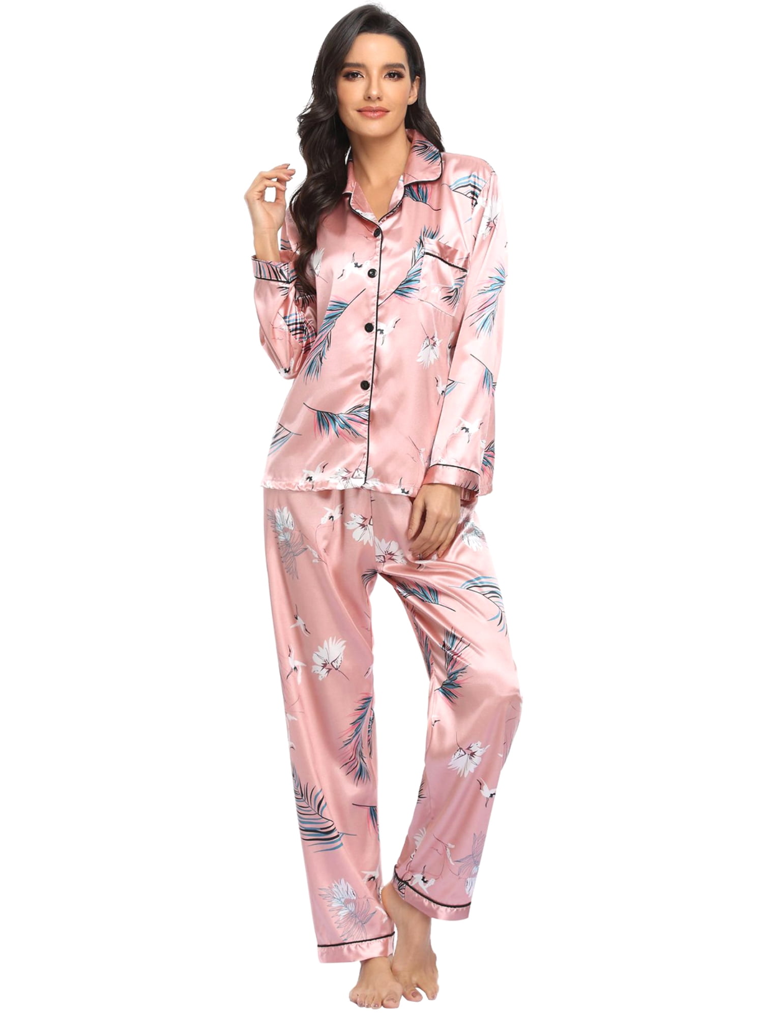 Ociviesr Womens Silk Satin Pajamas Set Two-Piece Sleepwear Loungewear Button-Down Sets Pajama Set for Women Long Sleeve White Long Sleeve Pant Set