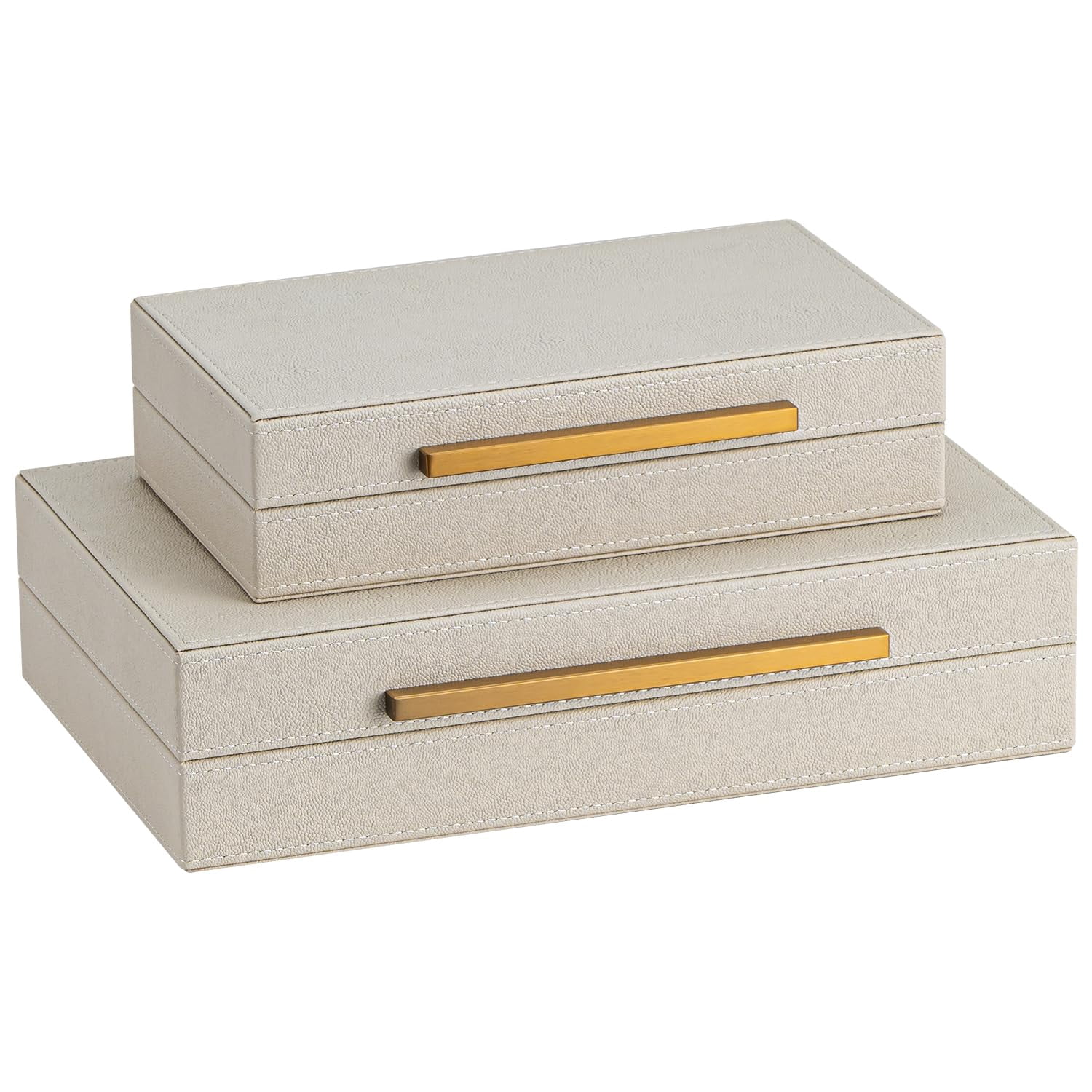 Set Of 2 Beige Shagreen Decorative Storage Boxes With Metal Handles - Faux Leather & Memory  Nesting Photo Organizers For Home Decor