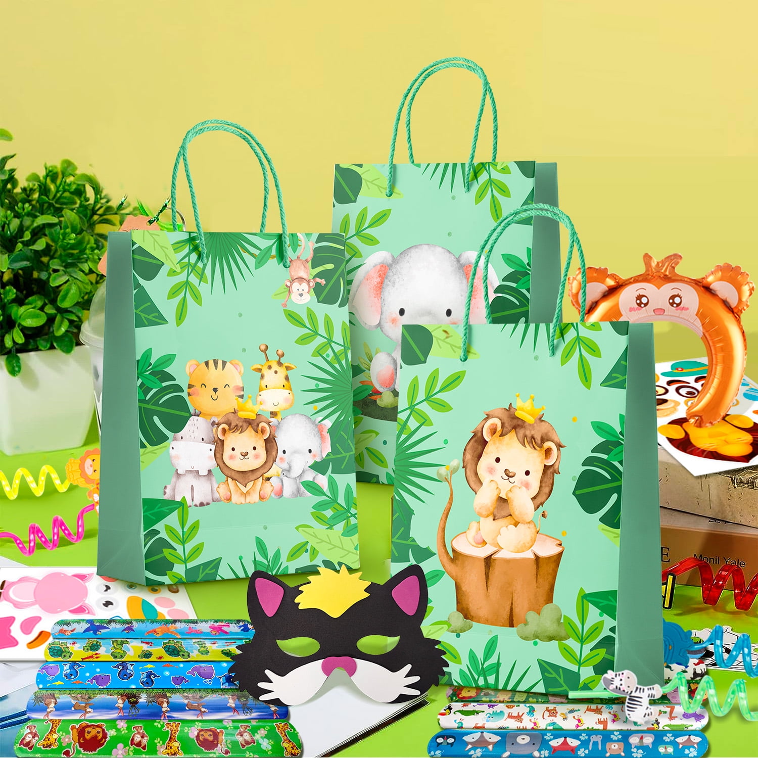 Jungle Safari Party Favors, 60pcs Jungle Safari Birthday Party Favors Set Includes Safari Party Slap Bracelets Stickers Straws Balloon, Animal Mask, Safari Goodie Bags