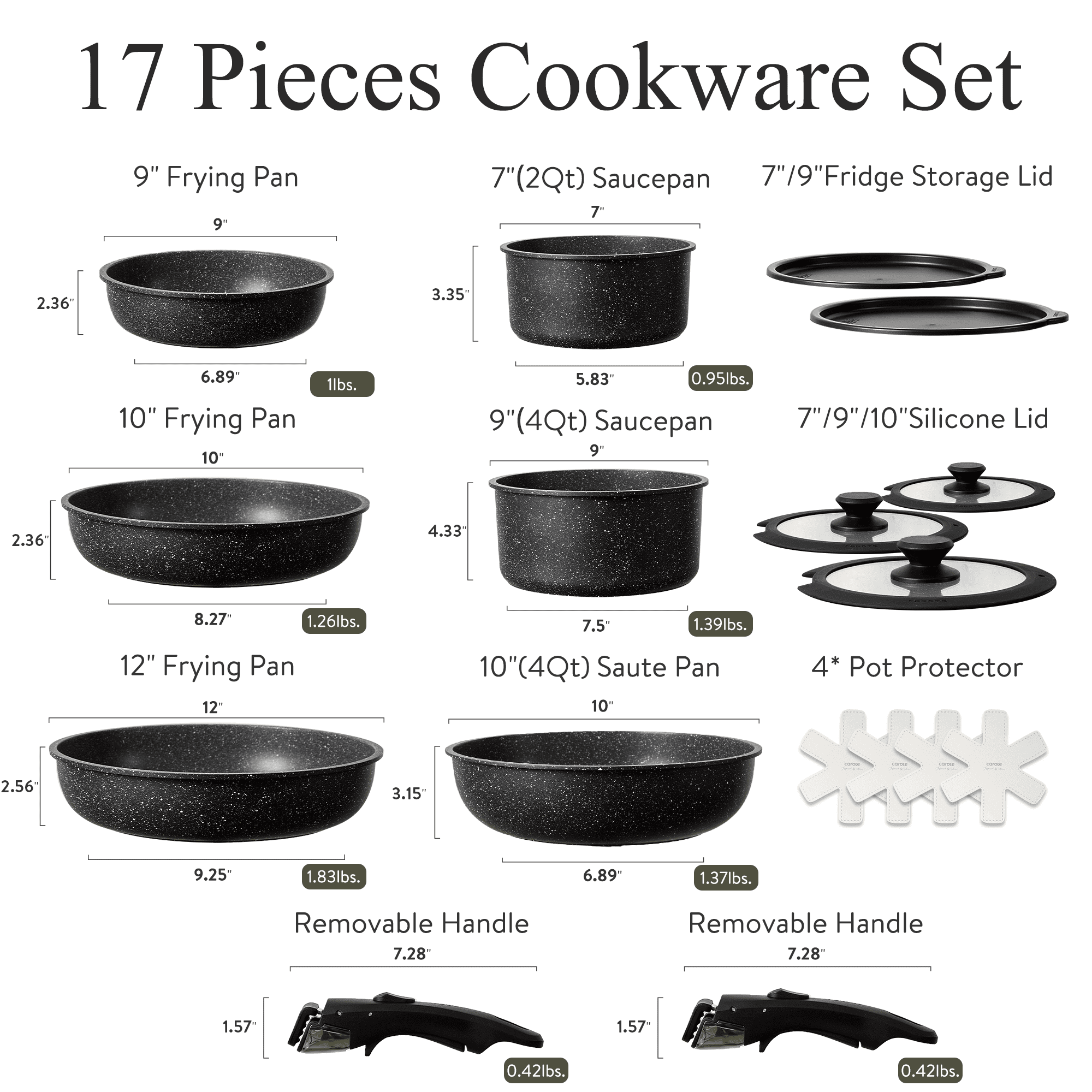 Carote 6 Pcs Pots and Pans Nonstick, Cookware Set with Detachable Handles, Oven Safe, Induction Ready, Stackable Kitchen Cooking Set, Black