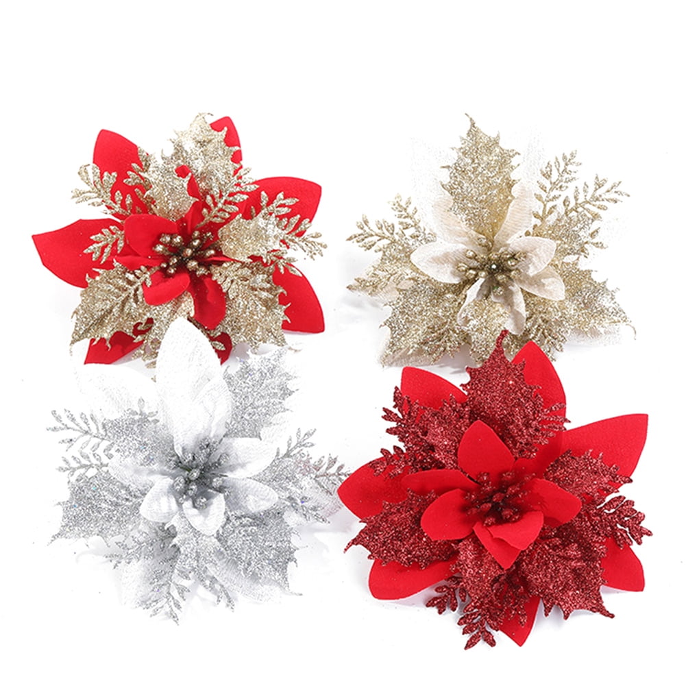 Details about   10PCS Christmas Tree Flower Decorations Poinsettia Glitter XMAS Hanging Red Gold 