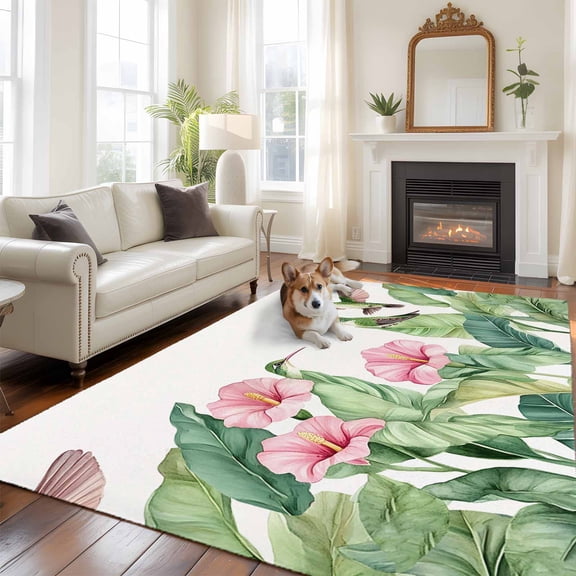6'x9' Area Rugs, Tropical Plants Indoor Outdoor Area Rug for Living Room Bedroom, Summer Spring Flowers Palm Leaves Birds Washable Bathroom Rugs Kitchen Floor Carpet Mats Home Decor Aesthetic