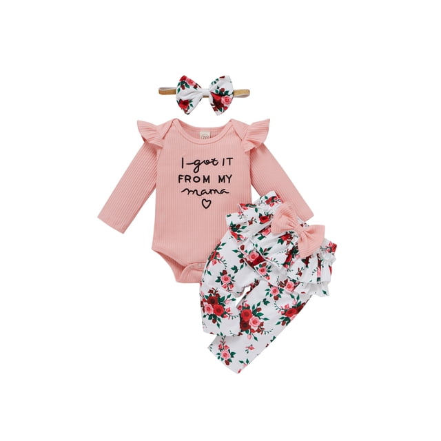 Xingqing 3Pcs Newborn Infant Baby Girls Clothes Letter Ruffle Long Sleeve Romper Floral Pants Headband Outfits
