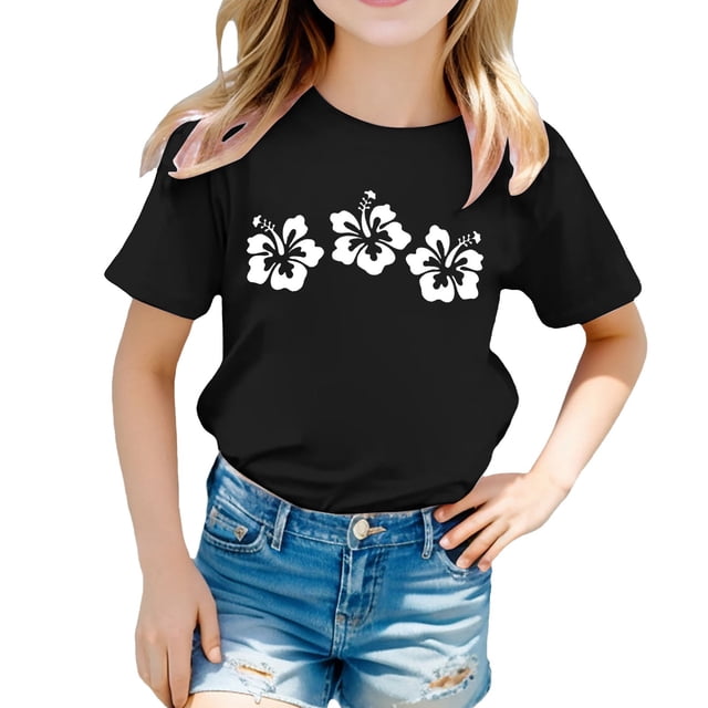 Hiiyo T-Shirt pour Fille Imprimé Fleuri Manches Courtes Col Rond T-Shirt Décontracté pour Enfants