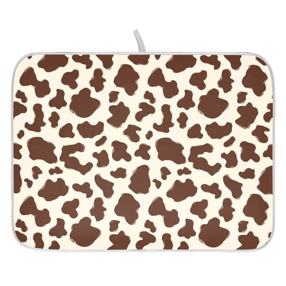 Dish Drying Mat for Kitchen Counter 16x18/18x24 Brown and White Cow Print Spots Absorbent Coffee Bar Mat Dish Drainer Rack Mat for Kitchen Counter