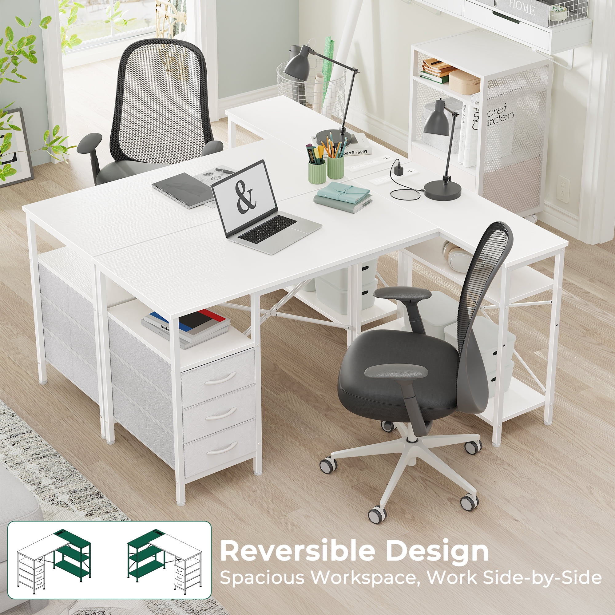 47 Inch L Shaped Office Desk with Power Outlets, Computer Desk with Drawers, Corner Desk for Home Office