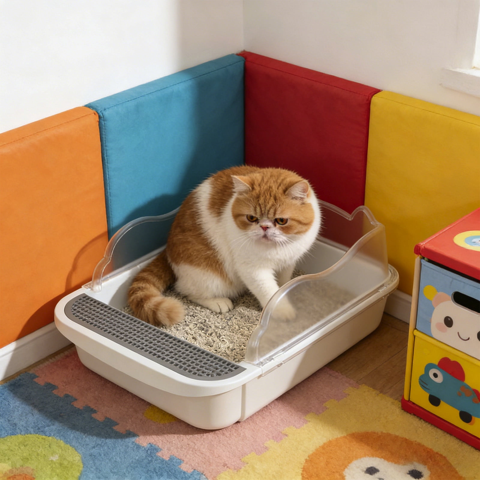Semi Enclosed High Side Cat Litter Box with Splash Guard, Includes Litter Scoop and Hook, Large Plastic Tray for Indoor Cats, Leak Proof Design Easy to Clean