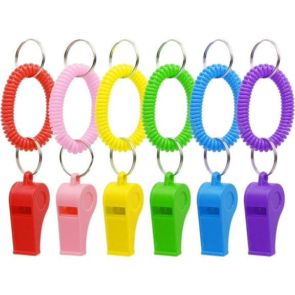 Sport Whistle with Bracelet 6pcs Loud Clear Plastic Whistles with Stretchable Coil Wrist Keychain Ring for Coaches Referees School Soccer Christmas Birthday Party Gift Survival Emergency Training