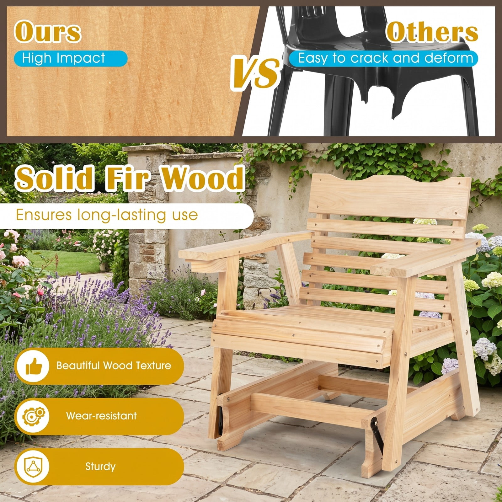Furnibear Outdoor Wood Rocking Chair with High Back and Widened Armrests for Patio, Front Porch, Deck and Backyard, Natural