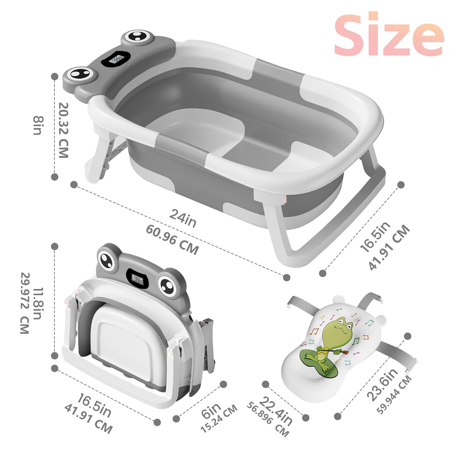 stusgo Collapsible Baby Bathtub, Plastic Frog Baby Bath Tub with Soft Cushion & Thermometer（Grey）