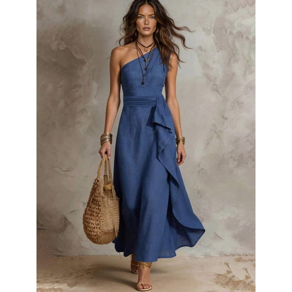 Womens Blue One Shoulder Sleeveless Ruffle Maxi Dress Vacation