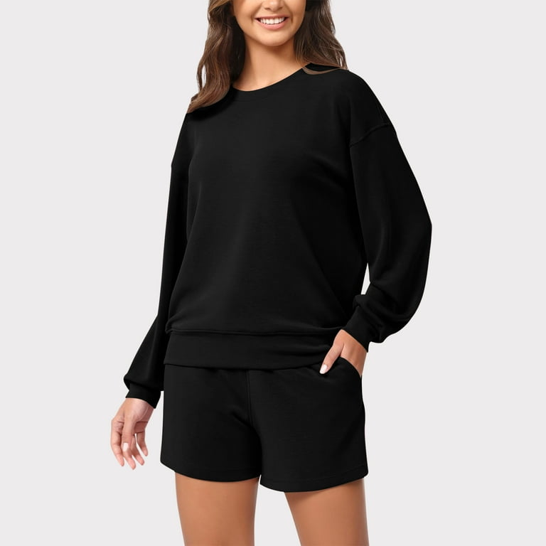 2 Piece Outfits for Women Sweatsuit Sweat Shorts Sets Oversized Crewneck Sweatshirt Cozy Lounge Workout Tracksuit 2XL Black