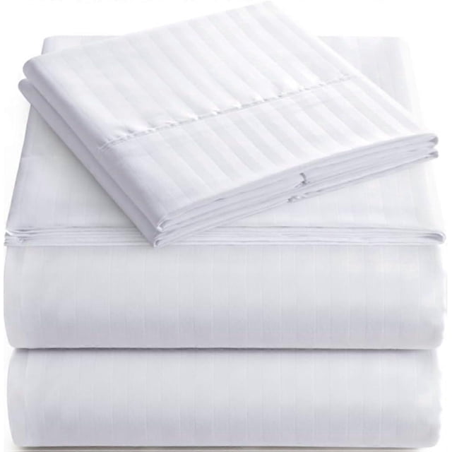 Striped Bed Sheet Set 1800 Luxury Soft Microfiber Deep Pocket 3-Piece Bedding Set - Wrinkle, Stain, Fade Resistant - White Queen
