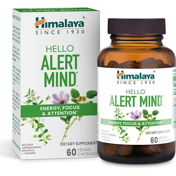 Himalaya Hello Alert Mind with Ashwagandha & L-Theanine for Energy, Focus and Attention, 60 Capsules