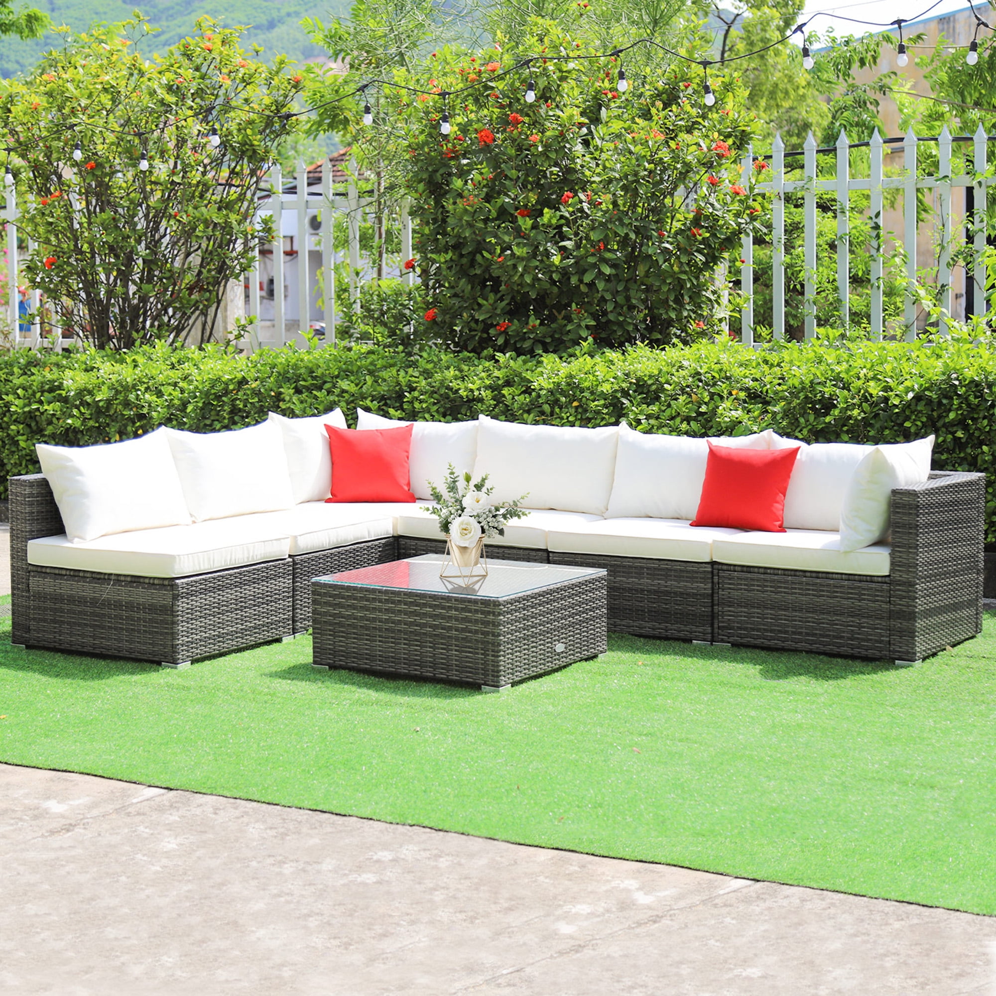 Gymax 7PCS Patio Rattan Sectional Sofa Set Outdoor Furniture Set w/ Off White Cushions