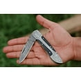 thumbnail image 6 of Black Horn Handle Handmade Damascus Steel Pocket Knife With Engraved Steel Frame Work Folding Knife, 6 of 7