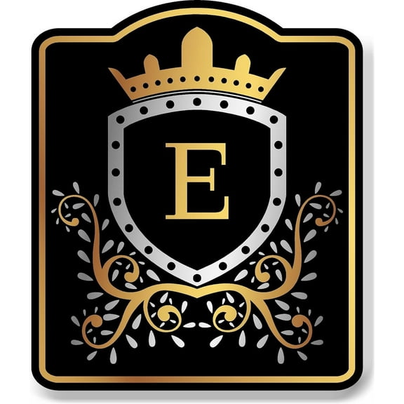 Letter E Initial Fancy Gold Crown BLACK Aluminium Composite Sign 8.5''x10''