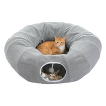 PAWZ Road 34" 2-In-1 Cat Tunnel Foldable Cat Bed with Soft cushion & Pompom Toy for Indoor Cat Gray