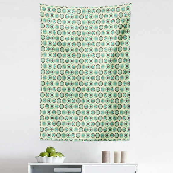 Retro Tapestry, Polka Dotted Pattern in Pastel Colors Old Fashioned Tile Ring Shapes, Fabric Wall Hanging Decor for Bedroom Living Room Dorm, 5 Sizes, Dark Taupe Mint Green, by Ambesonne
