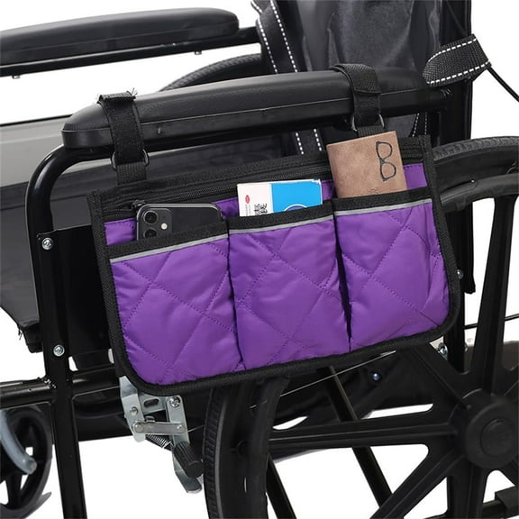 1PCS Wheelchair Side Bag Armrest Storage Pouch Accessories with Cup Holder Attachement and Reflective Strip Use Waterproof Fabric ,for Most Wheelchairs,Walkers or Rollators (Purple)