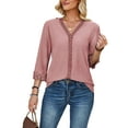thumbnail image 3 of Gomelly Ladies Tops Lace Trim Blouse Elegant Shirts Women Plain Office Tunic Shirt V Neck Leather Powder M, 3 of 5