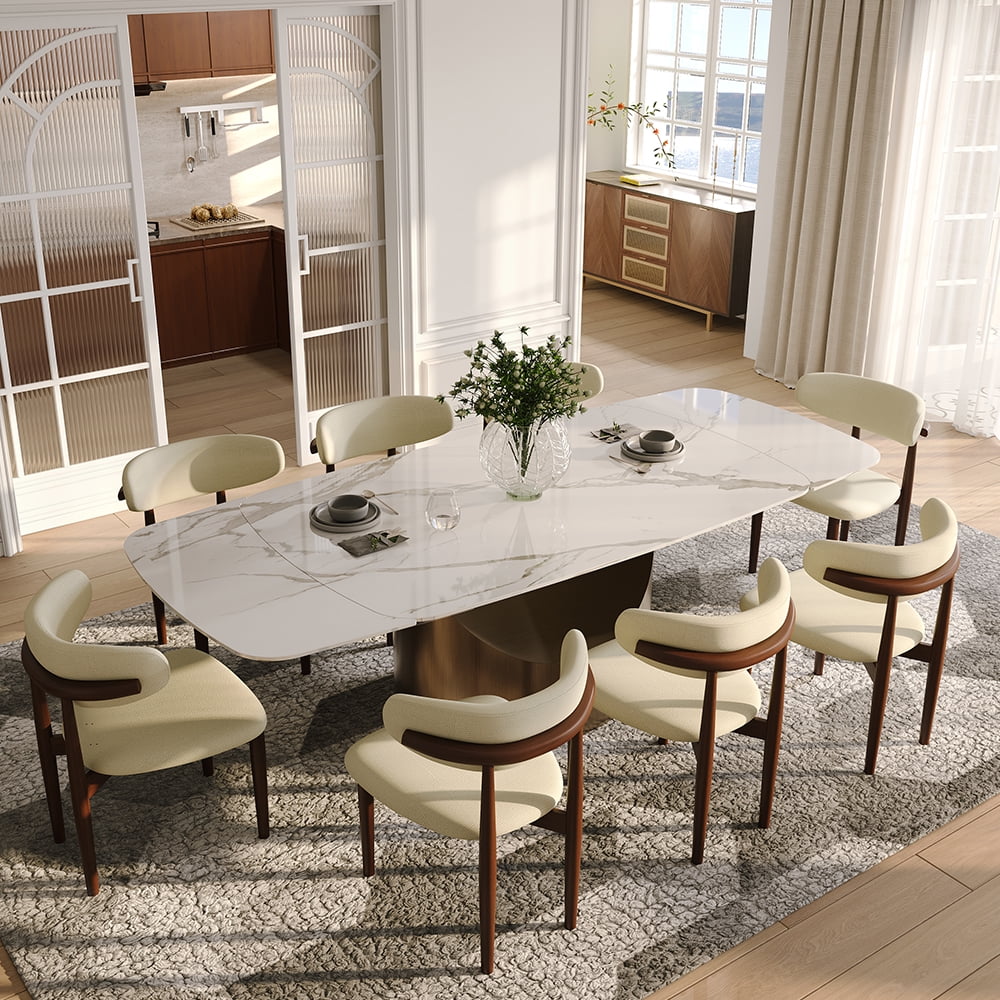 POVISON 71"-95"Extendable Hobart Modern Dining Table for 6-10, White Rectangular Glossy Sintered Stone Tabletop for Dining Room, Bronze Carbon Steel Leg