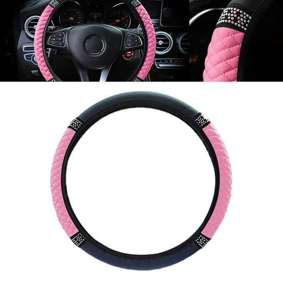 Four Seasons Universal Car Steering Wheel Cover 38Cm Pink Pu Leather Diamond Steering Wheel Cover For Women Girls