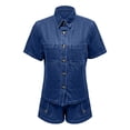 thumbnail image 6 of Women's Vintage Denim Shirt, Short Sleeve Button Down Shirt with Chest Pockets, Relaxed Fit Casual Jean Top, Summer Denim Shacket and Oversized Jean Shirt-Dark Blue, 6 of 7