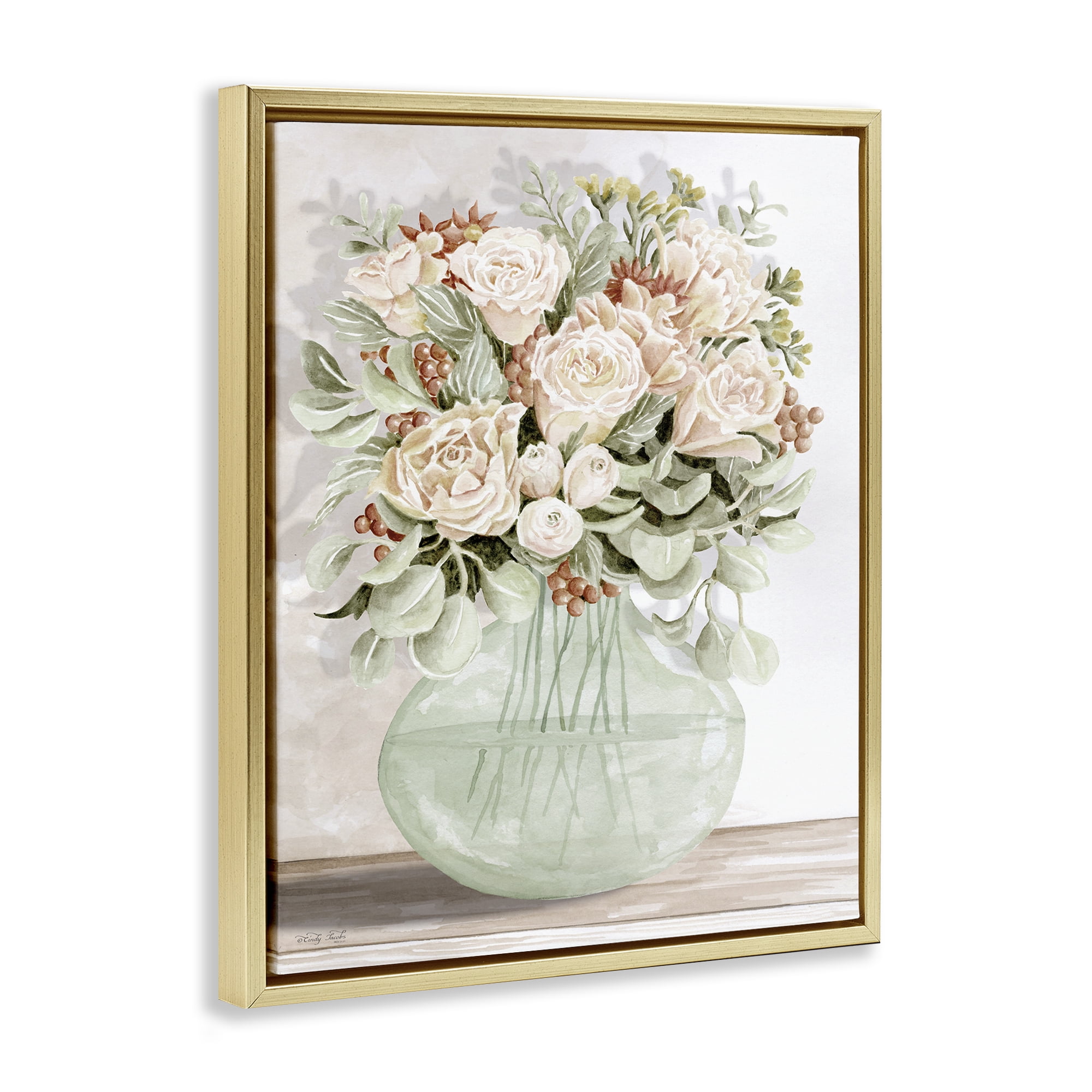 Stupell Industries Rose & Herb Bouquet Plants & Flowers Painting Gold Floater Framed Canvas Art Print Wall Art, 17 x 21